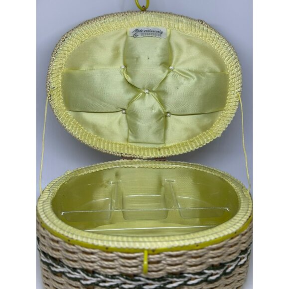 VTG Singer Woven Sewing Basket With Lid & Handle Patchwork Yellow Divided BOHO - Picture 6 of 10